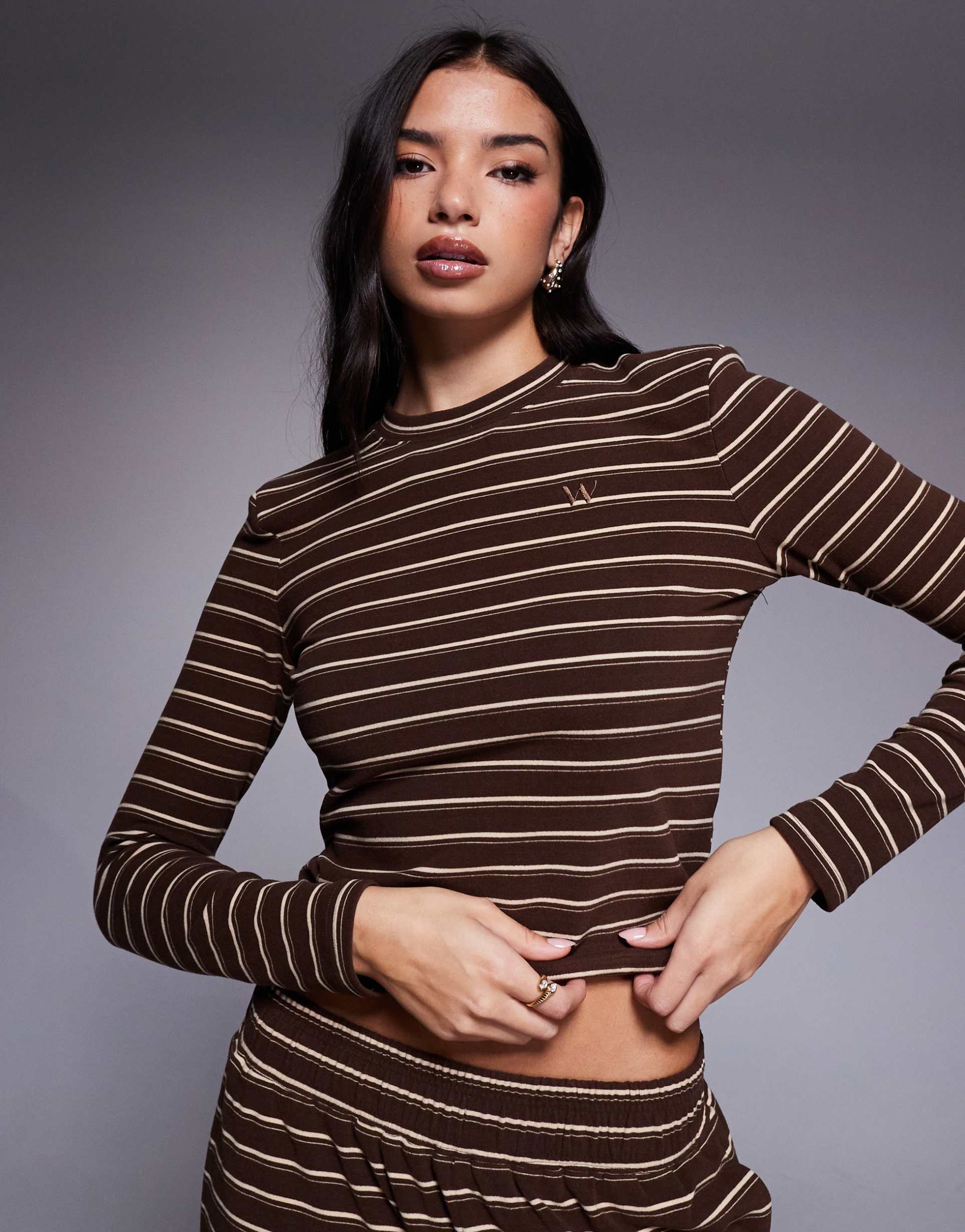 wanderdoll frankie premium heavyweight jersey crew neck long sleeve top in brown stripe - part of a set