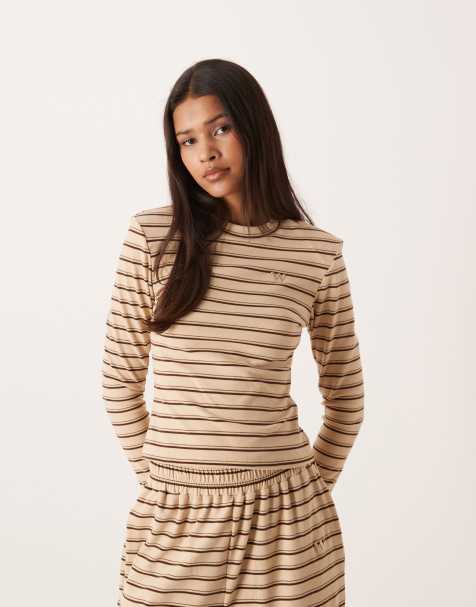 Wanderdoll Frankie premium heavyweight jersey crew neck long sleeve top in cream stripe (part of a set) - view 1