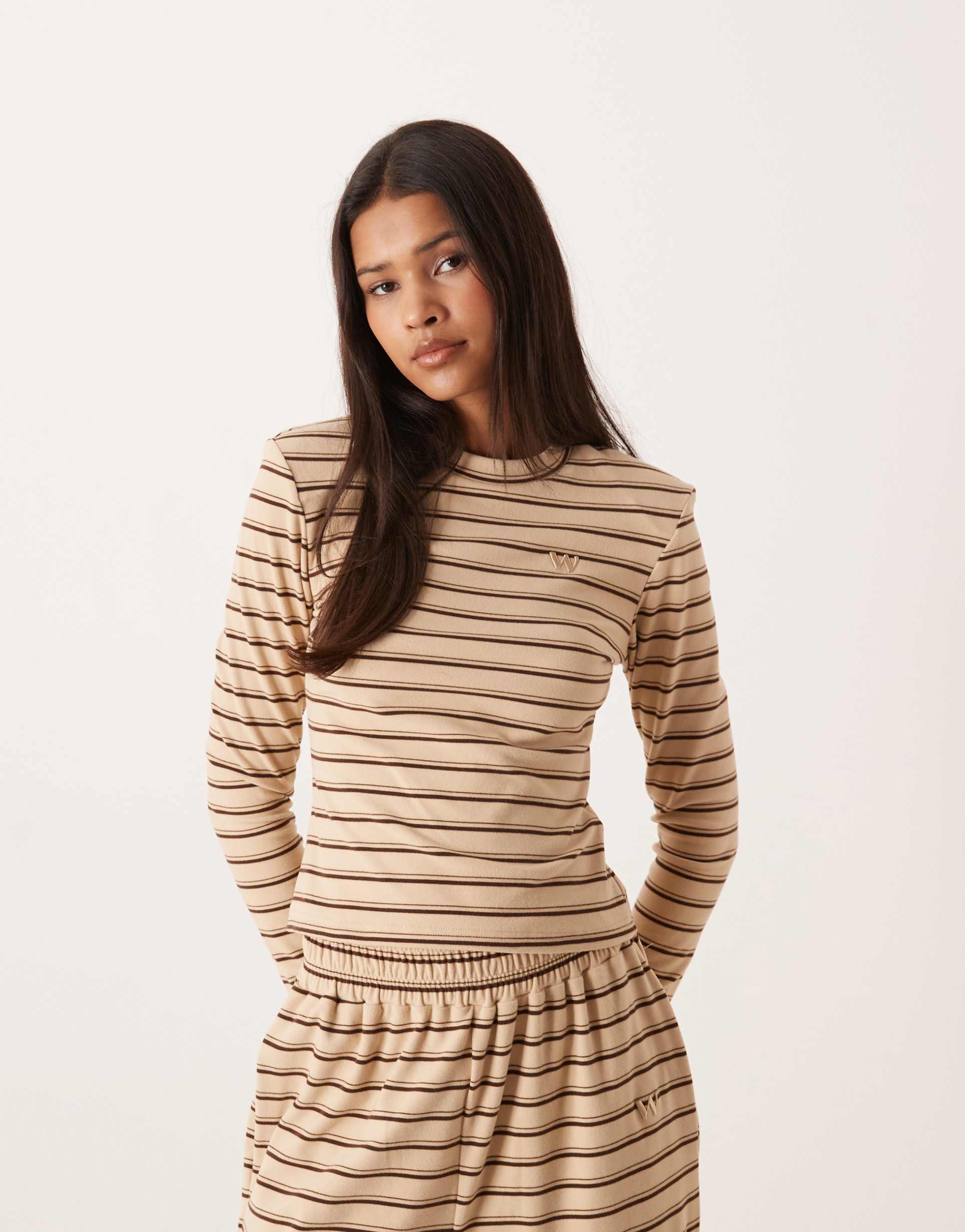 wanderdoll frankie premium heavyweight jersey crew neck long sleeve top in cream stripe - part of a set
