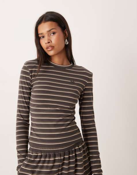 Wanderdoll Frankie premium heavyweight jersey crew neck long sleeve top in gray stripe - part of a set - view 1