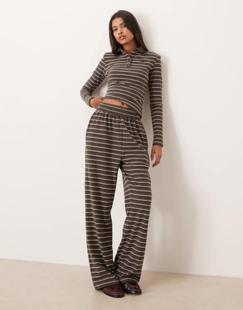 Wanderdoll Frankie premium heavyweight jersey wide leg pants in brown stripe (part of a set) - view 1