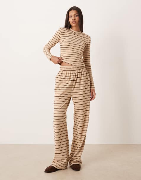 Wanderdoll Frankie premium heavyweight jersey wide leg pants in cream stripe - part of a set - view 1