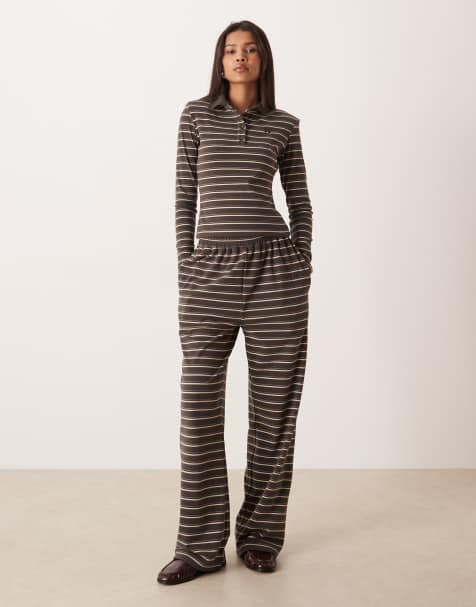 Wanderdoll Frankie premium heavyweight long sleeve polo top and wide leg pants set in grey stripe - view 1