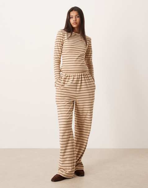Wanderdoll Frankie premium heavyweight polo top, long sleeve top and wide leg trousers co-ord in cream stripe - view 1