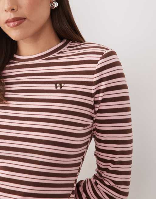 Wanderdoll Frankie premium jersey long sleeve crew neck top co-ord in pink and chocolate stripe, 3 of 4