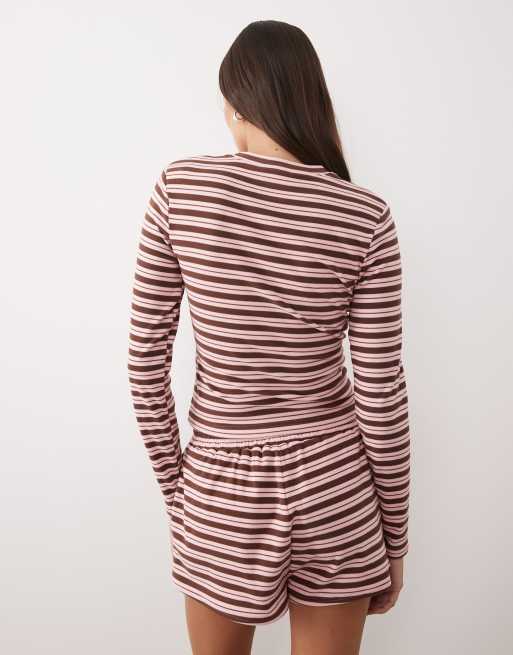 Wanderdoll Frankie premium jersey long sleeve crew neck top co-ord in pink and chocolate stripe, 4 of 4
