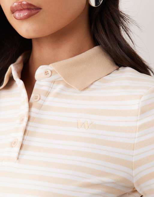 Wanderdoll Frankie premium jersey short sleeve polo top co-ord in milk and honey, 2 of 4