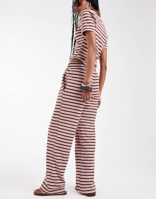 Wanderdoll Frankie premium jersey wide leg trousers co-ord in pink and chocolate stripe, 3 of 9