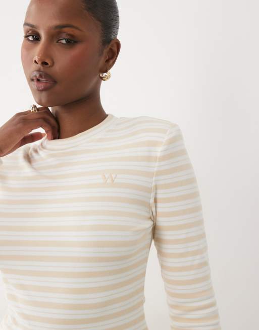 Wanderdoll - Frankie - Top girocollo a maniche lunghe premium in jersey color latte e miele in coordinato