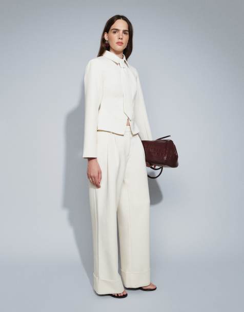 Wanderdoll Gabriella tailored pleat front turn up hem wide leg trousers co-ord in cream - view 1