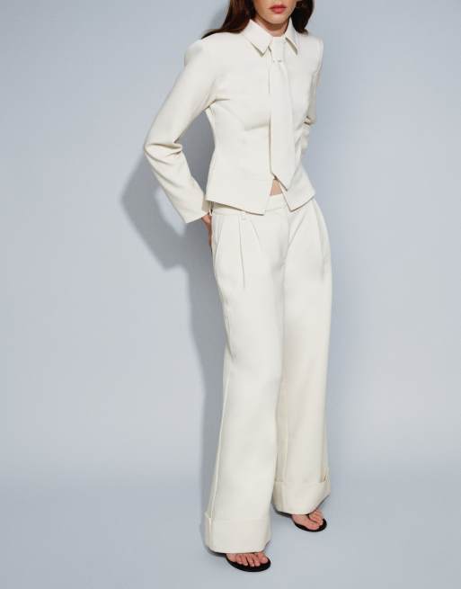 Wanderdoll Gabriella tailored pleated front cuffed hem wide leg pants in cream - part of a set, 2 of 7
