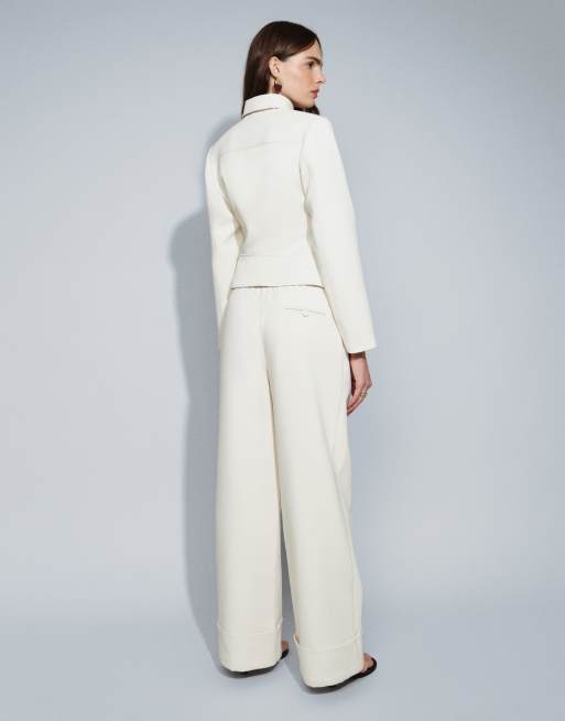 Wanderdoll Gabriella tailored pleated front cuffed hem wide leg pants in cream - part of a set, 3 of 7