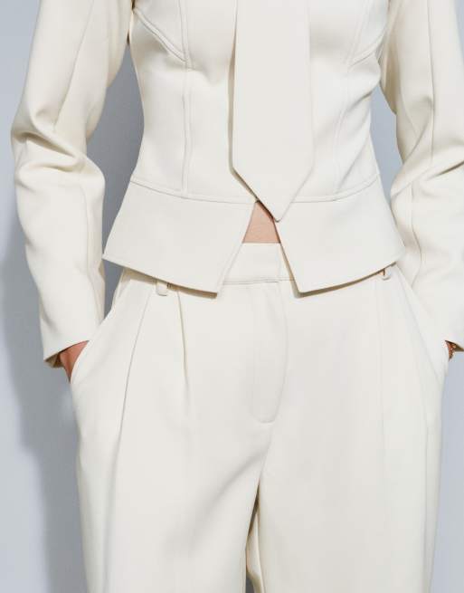 Wanderdoll Gabriella tailored pleated front cuffed hem wide leg pants in cream - part of a set, 4 of 7