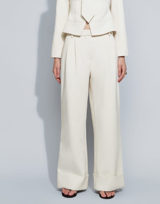 Wanderdoll Gabriella tailored pleated front cuffed hem wide leg pants in cream - part of a set, 5 of 7