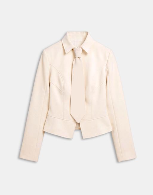 Wanderdoll Gabriella tie detail padded shoulder fitted shirt co-ord in cream, 5 of 7
