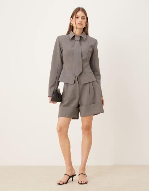 Wanderdoll Gabriella zip through shirt with removable tie, pants and shorts set in gray - view 1