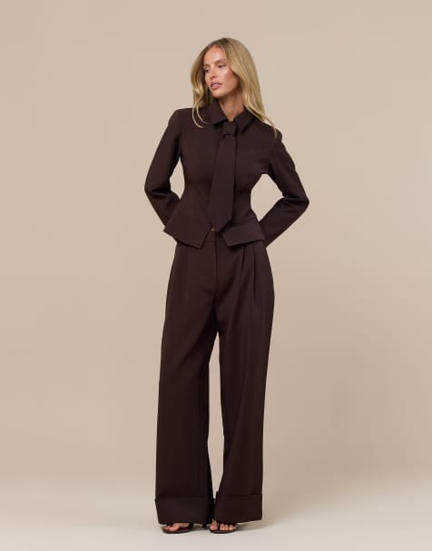 Wanderdoll Gabriella zip up detachable tie tailored shirt and trousers in chocolate - view 1