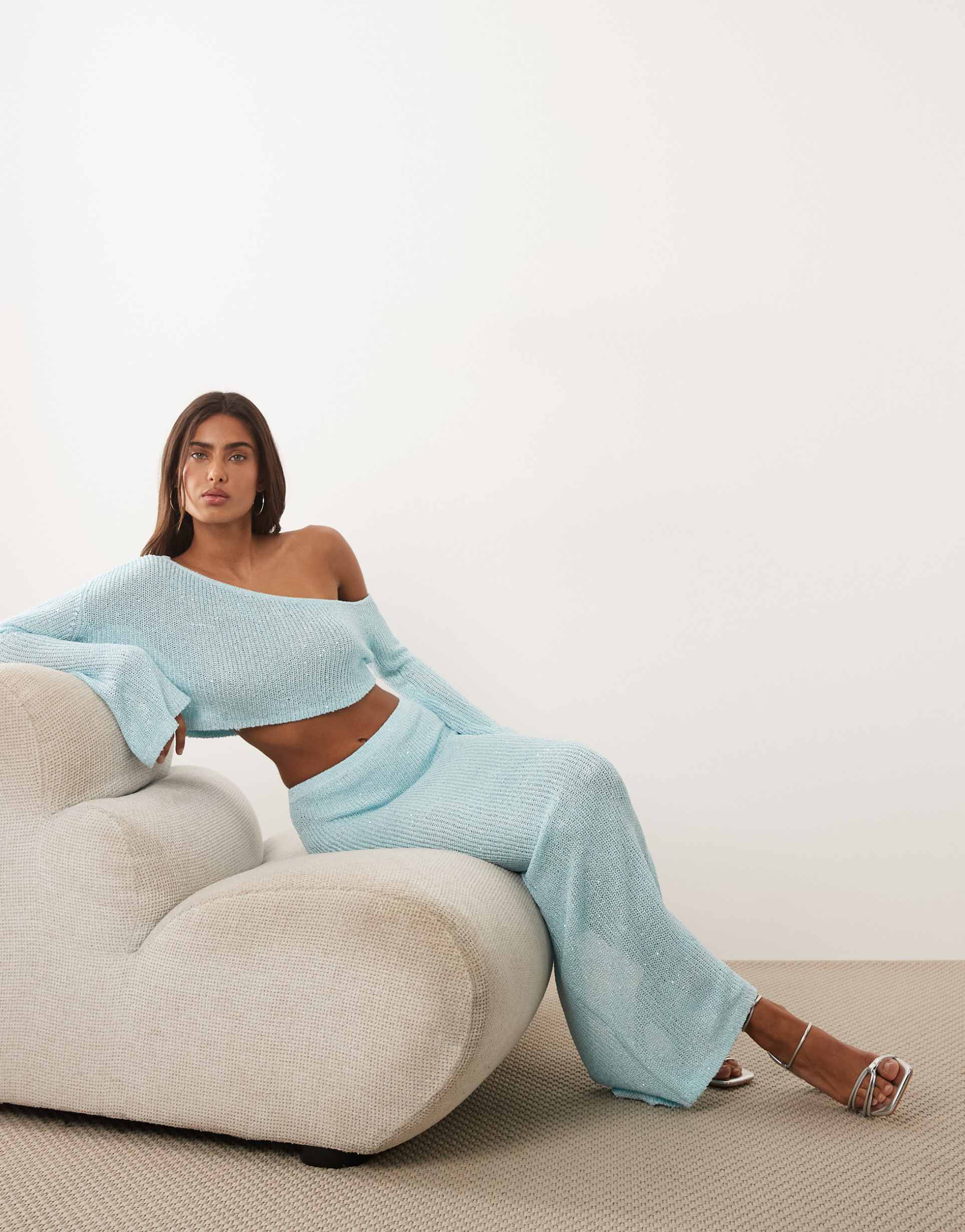 wanderdoll gigi metallic knit beach maxi skirt in baby blue - part of a set