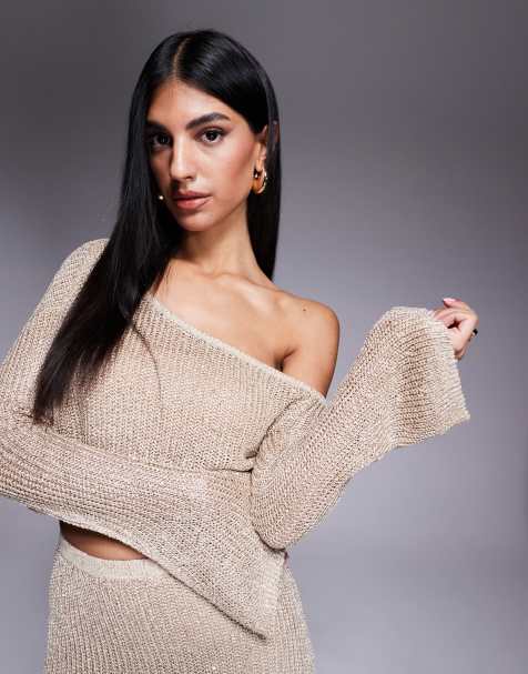Wanderdoll Gigi metallic knit cropped off shoulder beach top co-ord in gold - view 1