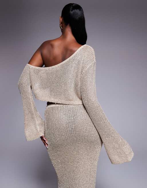 Wanderdoll Gigi metallic knit cropped off shoulder beach top in