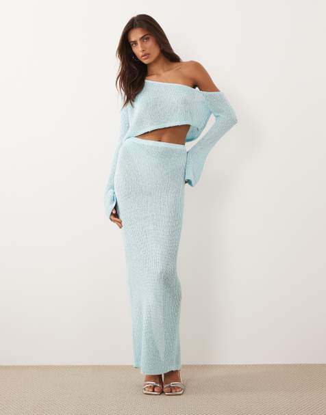 Wanderdoll Gigi metallic knit long sleeve off shoulder top and beach skirt co-ord in blue - view 1