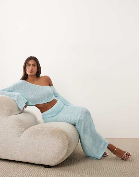 Wanderdoll Gigi metallic knit maxi beach skirt co-ord in baby blue - view 1