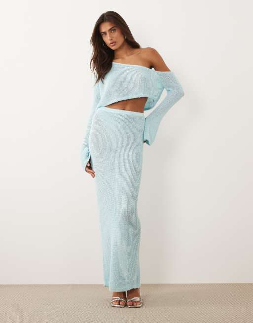 Wanderdoll Gigi metallic knit maxi beach skirt co-ord in baby blue, 2 of 5