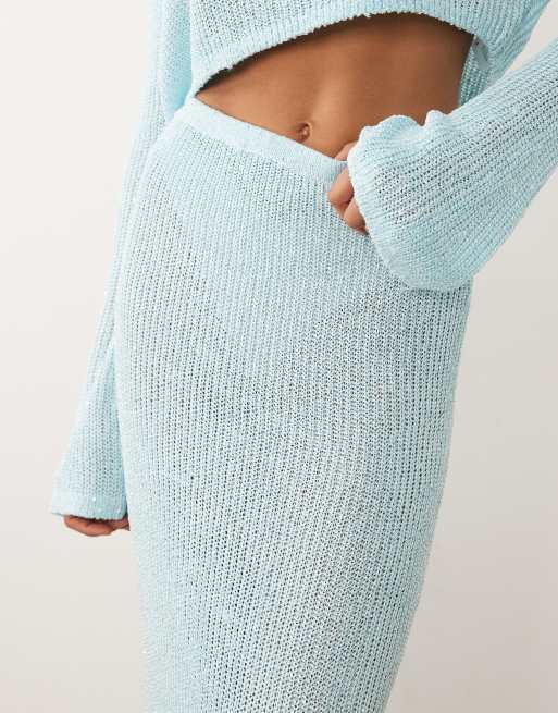 Wanderdoll Gigi metallic knit maxi beach skirt co-ord in baby blue, 3 of 5