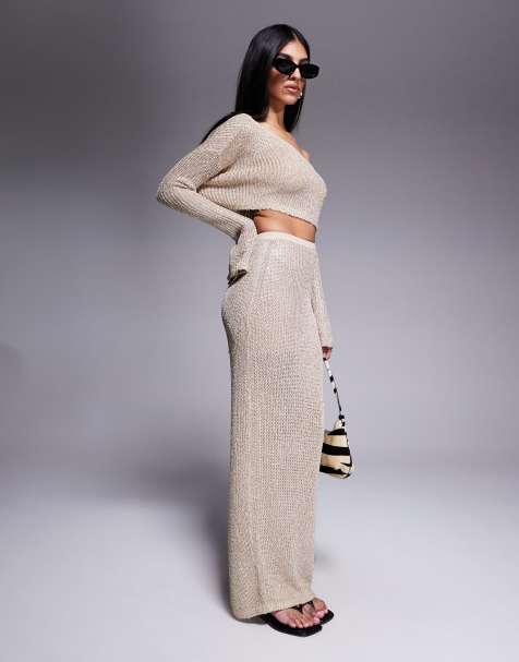 Wanderdoll Gigi metallic knit maxi beach skirt co-ord in gold - view 1