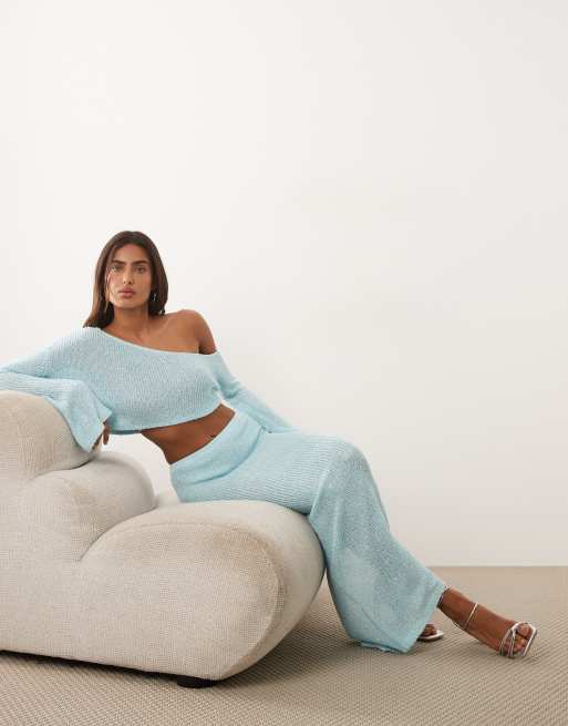 Wanderdoll Gigi metallic knit long sleeve off shoulder top and beach skirt co-ord in blue, 3 of 3