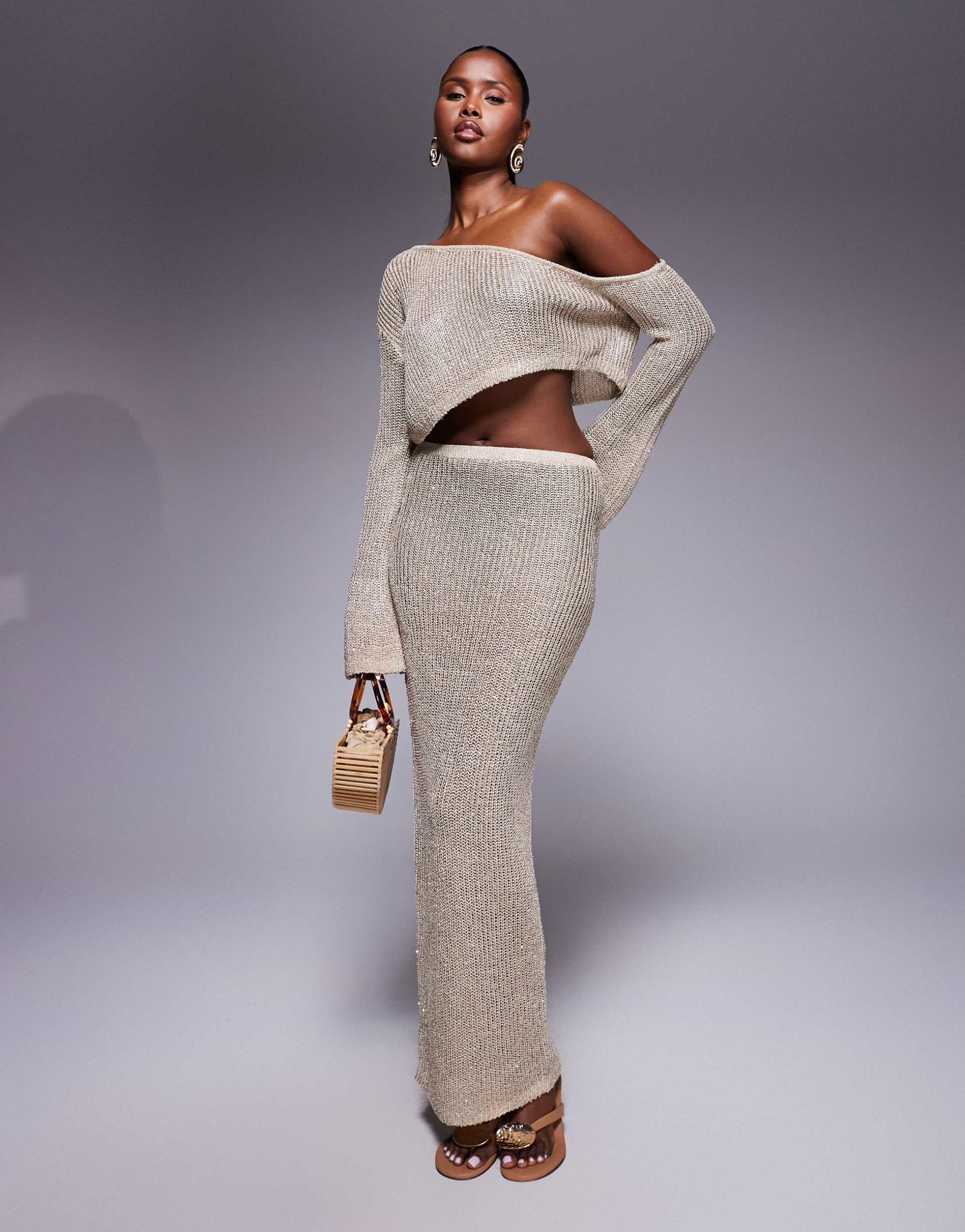 wanderdoll gigi metallic knit maxi beach skirt in gold - part of a set