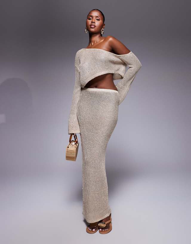 Wanderdoll Gigi metallic knit maxi beach skirt in gold - part of a