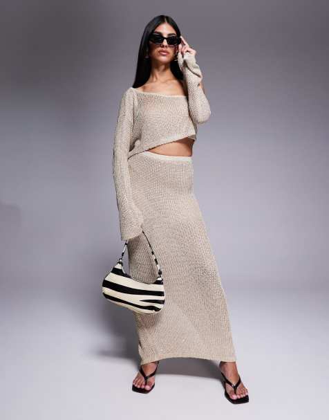 Wanderdoll Gigi shimmery knitted cropped off shoulder top and maxi skirt set in gold - view 1