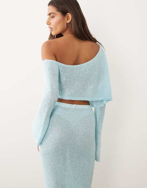 Wanderdoll - Gigi - Top a maniche lunghe in maglia celeste metallizzato con spalle scoperte in coordinato, 4 di 4