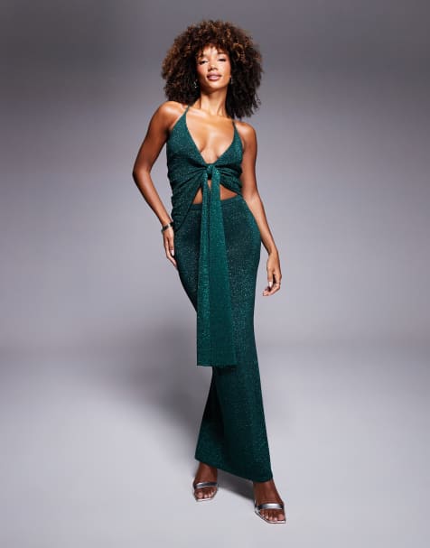 Wanderdoll Gizelle knot front halterneck top and maxi skirt set in emerald  - view 1