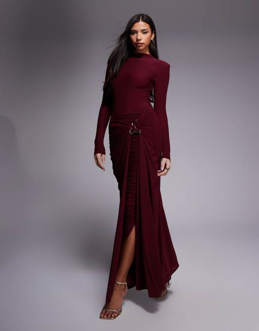 Wanderdoll - Coordinato bordeaux con gonna lunga e body in rete a triplo strato modellante accollato e con spalle imbottite, 3 di 3