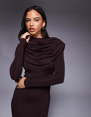 Wanderdoll Grace Double Layered Cape Drape Detail Long Sleeve Maxi Dress In Brown