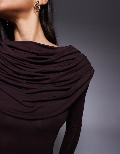Wanderdoll Grace double layered cape drape detail long sleeve maxi dress in espresso, 3 of 4