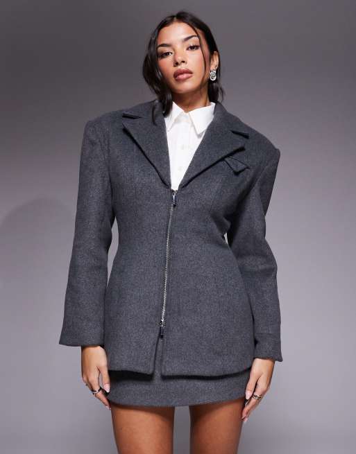 Wanderdoll - Hansa - Blazer con zip stretto in vita strutturato in misto lana color antracite in coordinato 