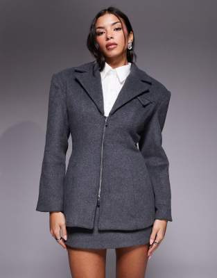 Hansa - Blazer d'ensemble en laine mélangée structuré zippé à taille cintrée - Anthracite-Gris M