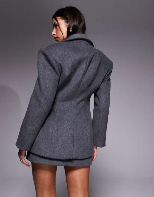 Wanderdoll Hansa wool blend structured cinch waist zip through blazer co-ord in charcoal , 4 of 4