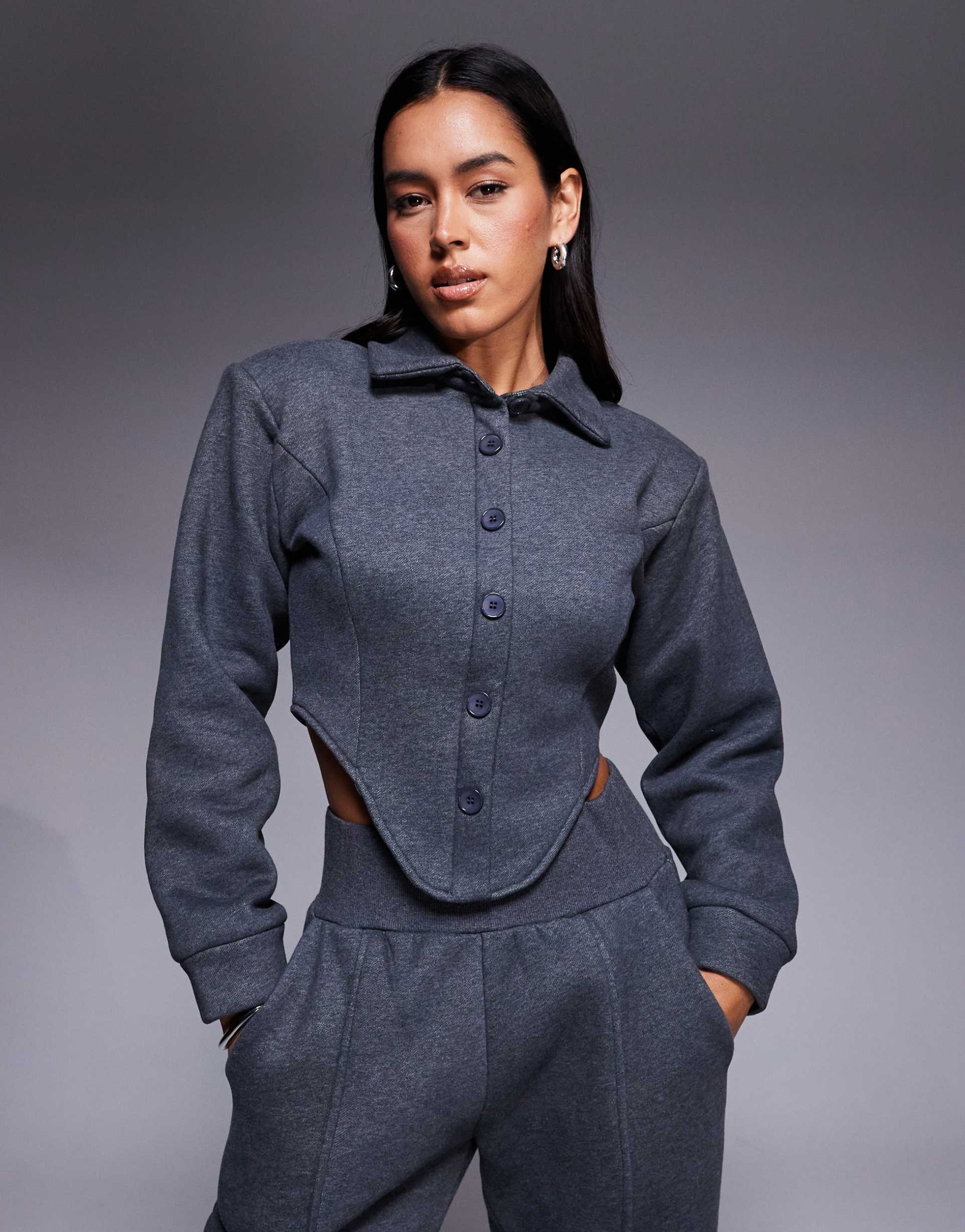 wanderdoll hattie cotton blend tailored collared corset detail shirt in charcoal - part of a set