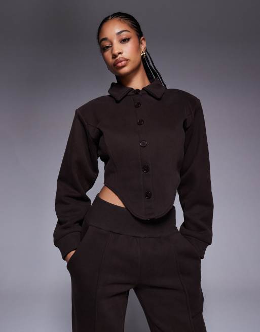Wanderdoll Hattie cotton blend tailored collared corset detail shirt in chocolate - part of a set