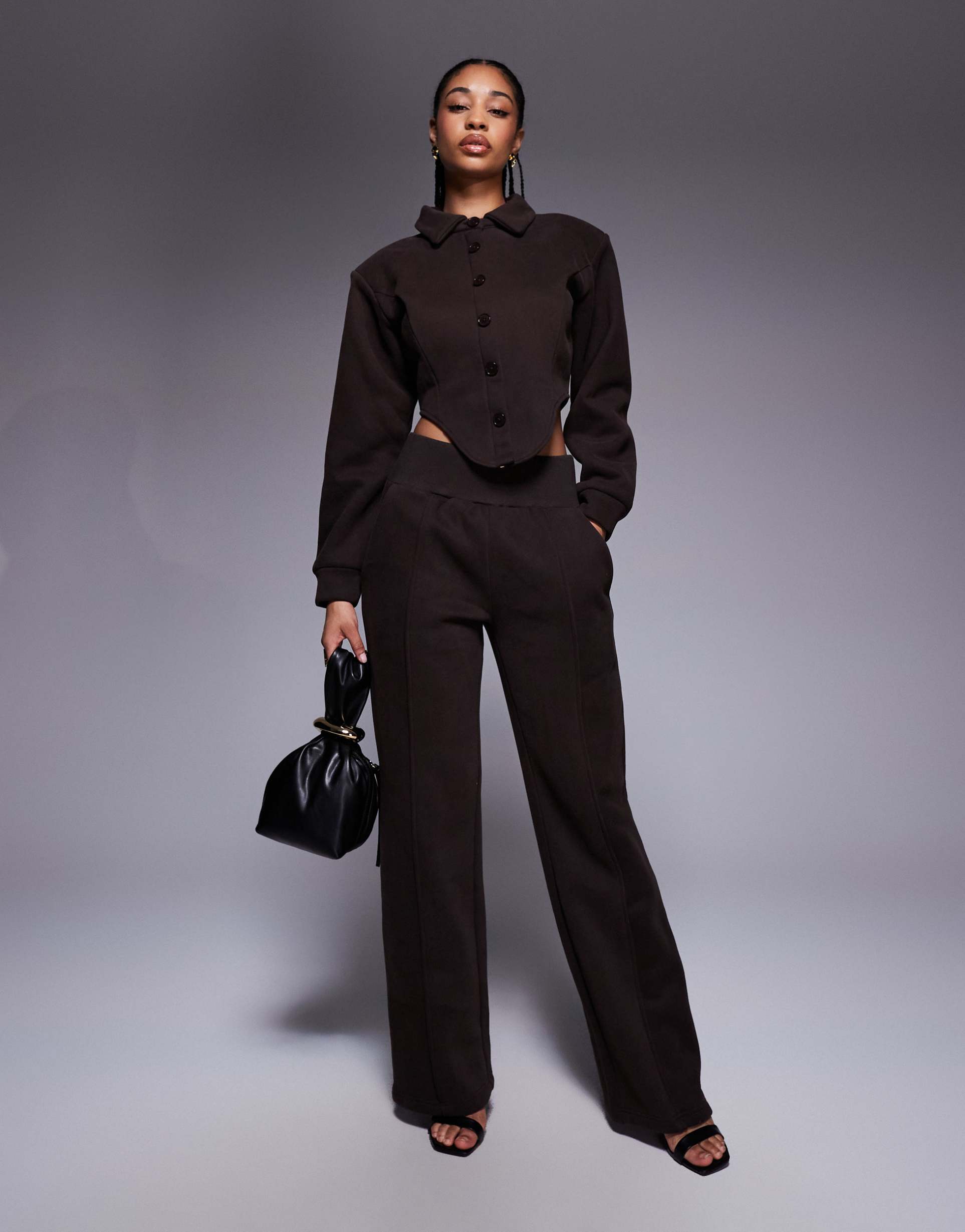 wanderdoll hattie cotton blend tailored wide leg seam detail pants in chocolate - part of a set