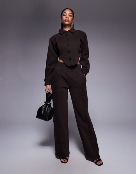 Wanderdoll Hattie cotton blend tailored wide leg seam detail trouser co-ord in chocolate