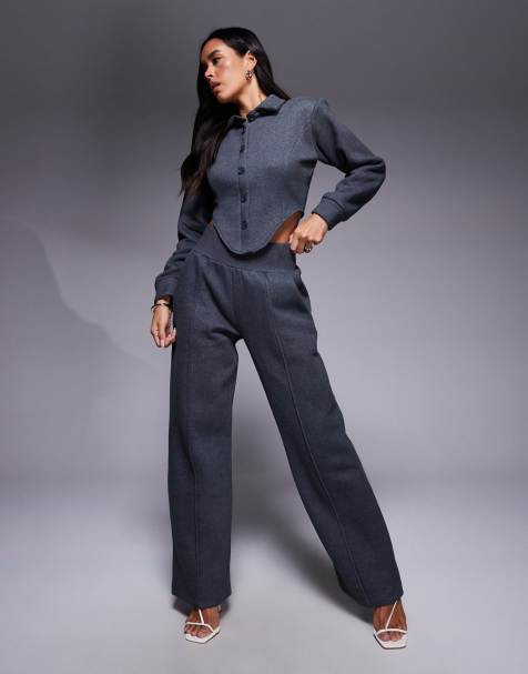 Wanderdoll Hattie tailored collared corset detail shirt and wide leg pants set in charcoal - view 1