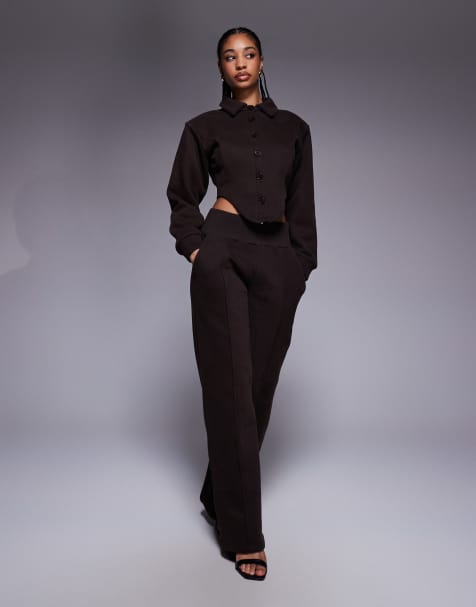 Wanderdoll Hattie tailored collared corset detail shirt and wide leg seam detail pants set in chocolate - view 1