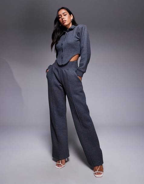 Wanderdoll Hattie cotton blend tailored wide leg seam detail trouser co-ord in charcoal