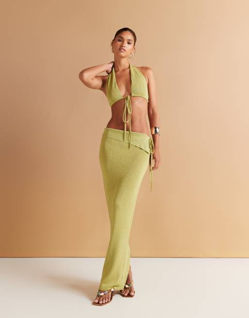 Wanderdoll Heidi metallic knitted bralette tie front beach top co-ord in lime, 3 of 4