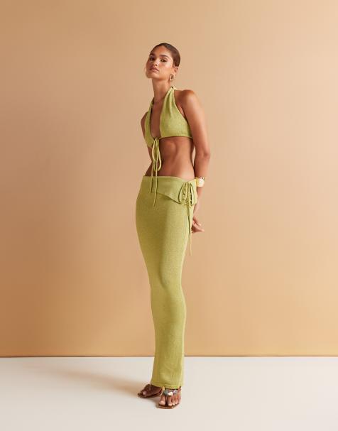 Wanderdoll Heidi metallic knitted foldover waist ruched side maxi beach skirt co-ord in lime - view 1
